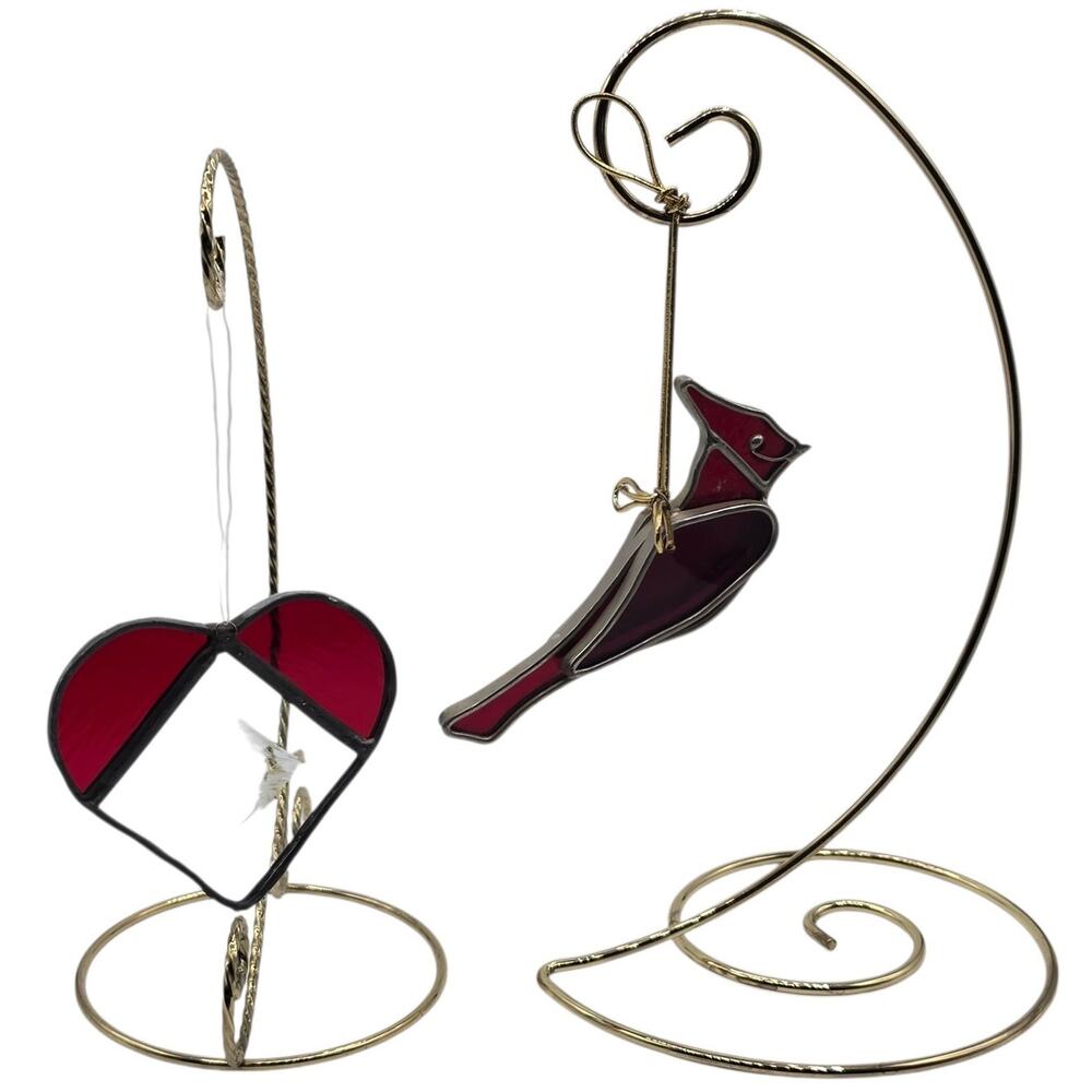 Stained Glass Cardinal Bird & Heart Suncatcher Hanging Ornaments Lot 2 Vintage